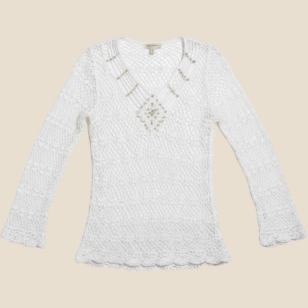 J.J. Basics Crochet Sweater Womens Large White Vintage 90s Beaded Boho
